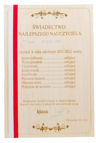 Tabliczka Świadectwo Dla Nauczyciela - Zakończenie Roku Podziękowanie